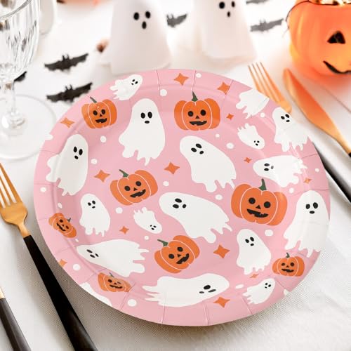 Pink Ghost & Pumpkin Halloween Paper Plates 7 Inch - 24 Pack Disposable Party Tableware