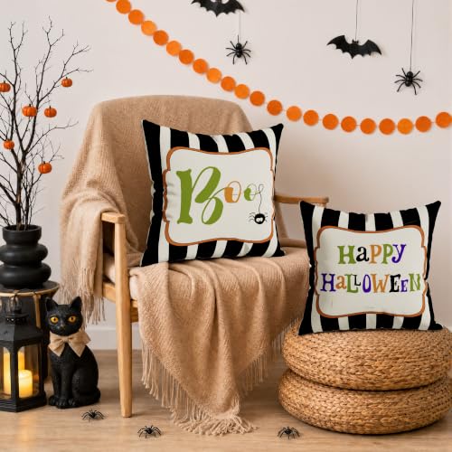 Halloween Boo Witch Cat Throw Pillow Cover Set - 16x16 Inches, Pack of 4