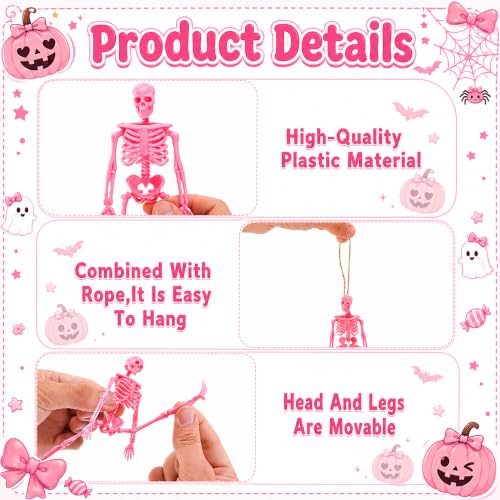 Pink Halloween Mini Skeletons - 24 Posable Hanging Decor, 6 Inch