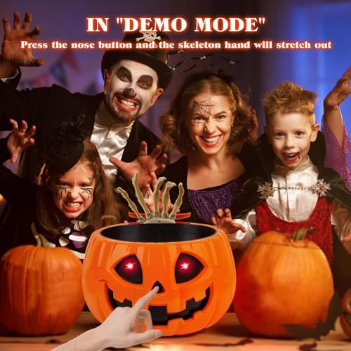 Animatronic Halloween Candy Bowl with Skeleton Hands and Glowing Eyes - Motion Activated Pumpkin Decor