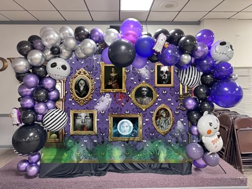 Halloween Haunted House Backdrop 7x5FT Purple Spooky Ghost & Spider Wall Decor - Digital Photo Background