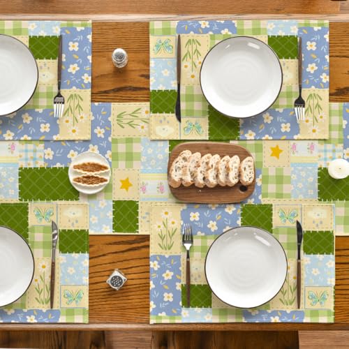 Patchwork Buffalo Plaid Floral Placemats Set of 4 - Seasonal Summer Table Decor