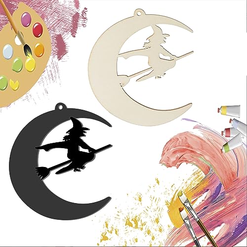 Wooden Moon Witch Ornaments for Halloween & Holiday Decorations Set of 20