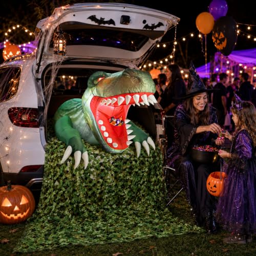 Halloween Inflatable T-Rex Car Decor Kit with LED Lights and Interactive Candy Pouch - 4FT