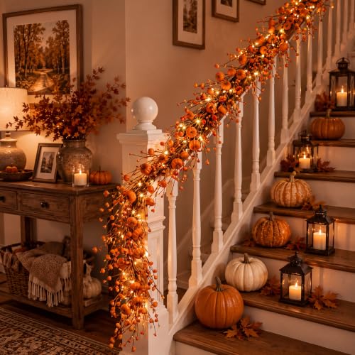 Orange Fall Garland with Lights - 5 ft Autumn Pumpkin & Berry Decor