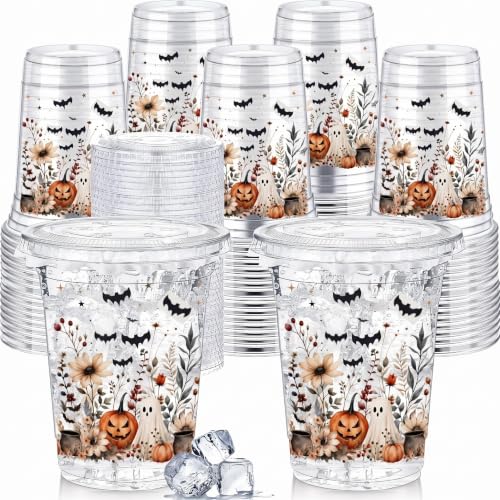 Halloween Plastic Cups 12 oz - Ghost Bats Floral Party Supplies - 100 Pack