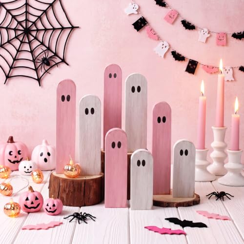 Halloween Wooden Ghost Figurines Set - Freestanding 8 Pcs, White & Pink, Rustic Farmhouse Decor