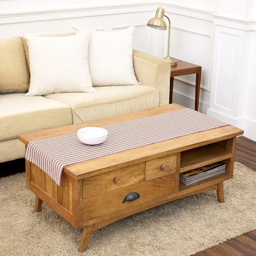 Linen Table Runner Pumpkin & Natural Stripe 14 x 60 Inch - Handcrafted, European Flax