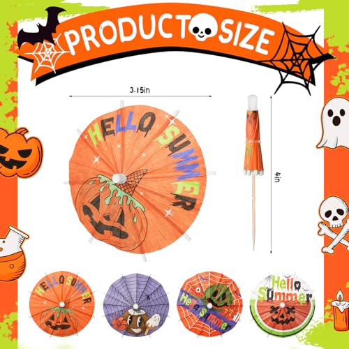 100 Pcs Summer Halloween Cocktail Umbrellas & Cake Topper Picks - Tropical Spooky Party Decor