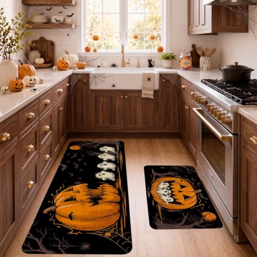 Halloween Kitchen Mat Set of 2 Non-Slip Washable Halloween Rugs - Pumpkin Ghost Variation