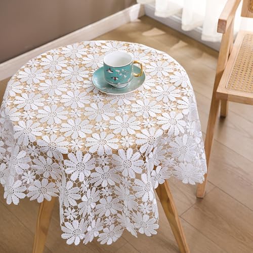 White Crochet Lace Tablecloth 36x36 Inch Rustic Farmhouse Style for Picnic & Outdoor Use
