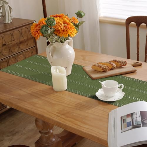 Sage Green Boho Table Runner 12x72 Inches with Tassels - Rustic Cotton Linen Decor