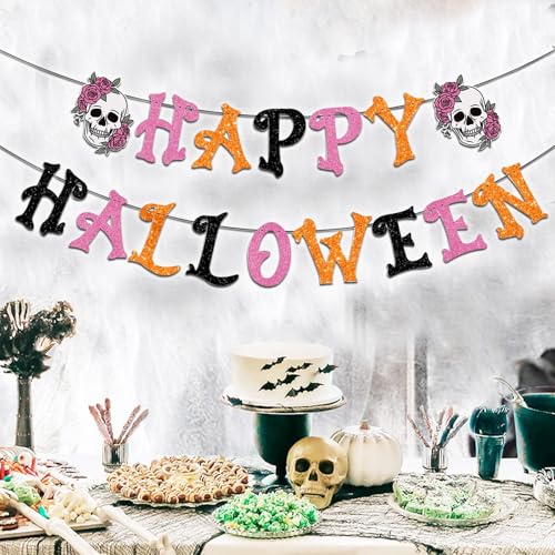 Halloween Skull Banner - No DIY Glitter Party Decorations for Indoor Fireplace Mantle