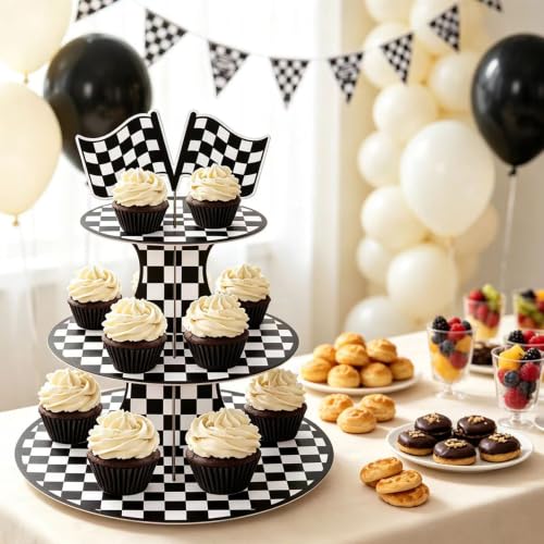 Race-Themed 2 Pack 3-Tier Cupcake Stand Checkered Flag Cardboard Tower Holder - Purple