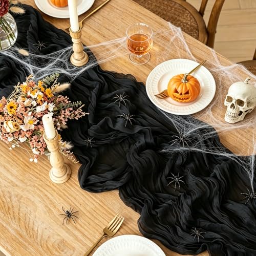 Black Halloween Table Runner 10ft Cheesecloth Boho Party Decor - 6 Pieces