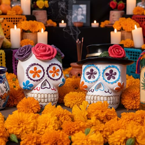 Day of the Dead Sugar Skull Couple Decor - White, 3.15 Inches, Rose & Hat Variation