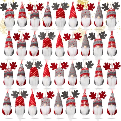 Christmas Gnome Ornaments Set - 32 Plush Hanging Scandinavian Holiday Decor - Elk & Swedish Style