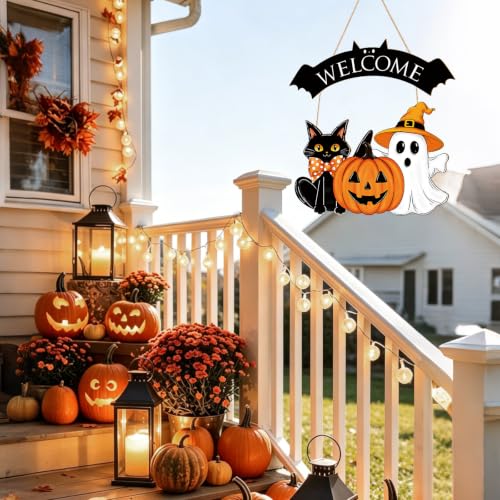 Large Wooden Halloween Ghost Door Wreath - Black & Pumpkin Decor for Front Door