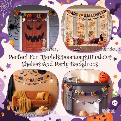 Halloween Felt Banner Set - Classic Halloween Party Decorations with 2 Banners & Pom Poms - Variation of Halloween 1