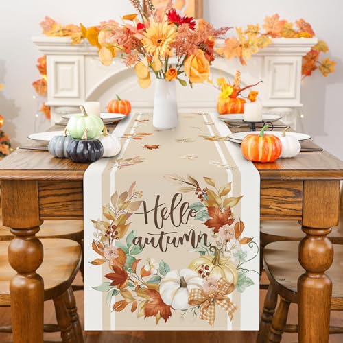 Bonhause Fall Pumpkin Table Runner 13x72 Inch Hello Autumn Wreath Leaf Decor with Pumpkin Wreath Variation