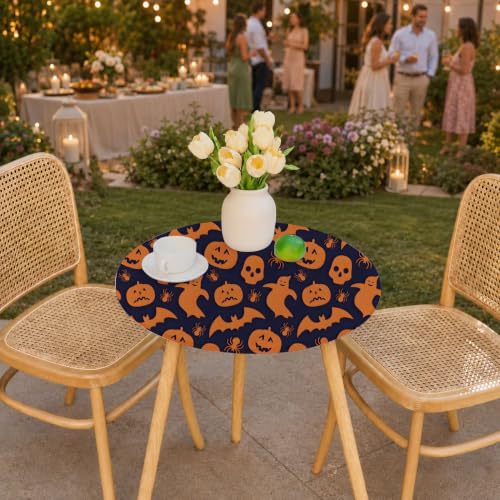 Halloween Black Outdoor Round Fitted Tablecloth 24 Inch with Orange Spider & Bats - Elastic, Washable, Wrinkle-Free