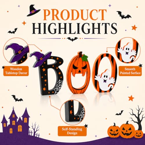 Halloween Wooden Signs Set - Black, Orange, Purple Indoor Table Decor