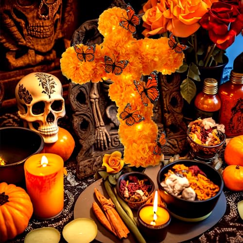 Day of the Dead Ofrenda Decor Set with Lighted Cross and Butterflies - 12x16 Inch