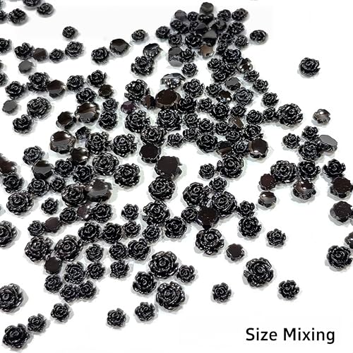 Black Rose Nail Charms 300 Pcs 3D Valentines Day Floral Rhinestones for Acrylic Nails