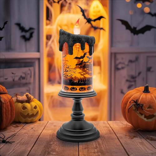 Halloween Snow Globe Flameless Candle - Brown Spinning Water Lantern with Timer
