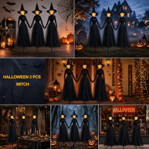 Halloween Witch Decorations Outdoor Set - 6 FT Black Holding Hands Witches with Glowing Faces, Lighted Yard Prop