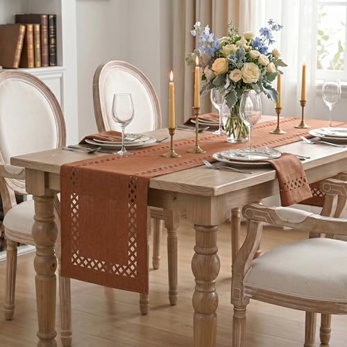 Rusty Orange Geometric Table Runner 13x60 Inch Fall Thanksgiving Decor