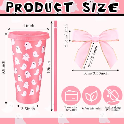 Pink Ghost Tumbler Set - 12 Reusable 24 Oz Halloween Cups with Straw & Lid