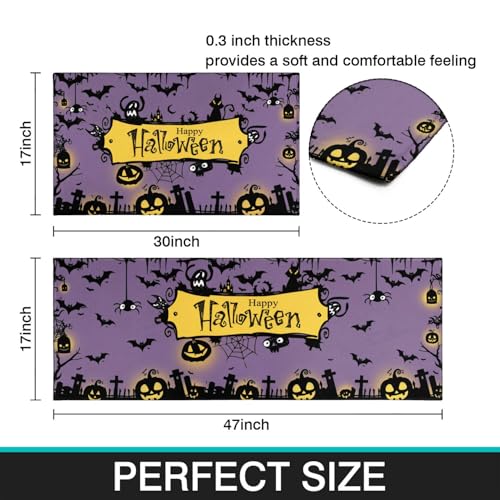 Halloween Kitchen Rugs Set of 2 - Purple Spooky Pumpkin & Black Cat Mat Non-Slip Washable