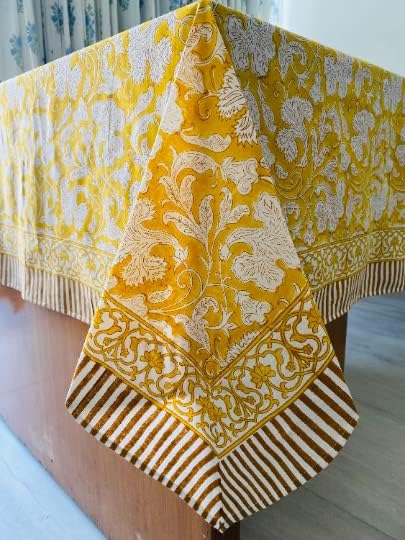 Saffron Yellow Hand Block Print Cotton Tablecloth 118x70 Rectangular - Farmhouse & Rustic Home Decor