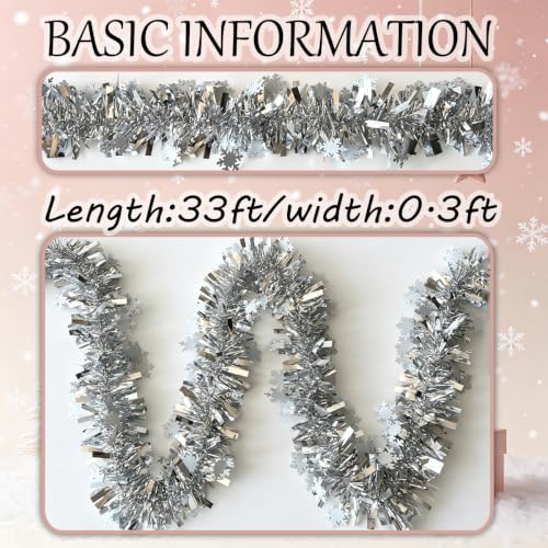33FT Silver Christmas Tinsel Garland with Snowflakes for Holiday Decor