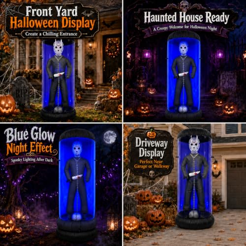 7.6FT Halloween Inflatable Outdoor Decoration with Blue LED Lights - Caged Masked Killer Yard Decor - Variation: Blue