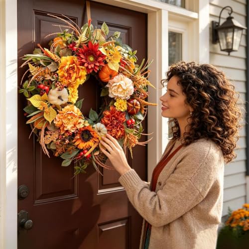 Artificial Fall Wreath for Front Door - Orange Peony & Pumpkins - Harvest Seasonal Decor