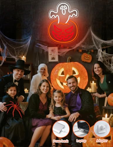 Ghost Pumpkin Halloween Neon Window Lights - Indoor Wall Decor, LED Sign, Party Decoration