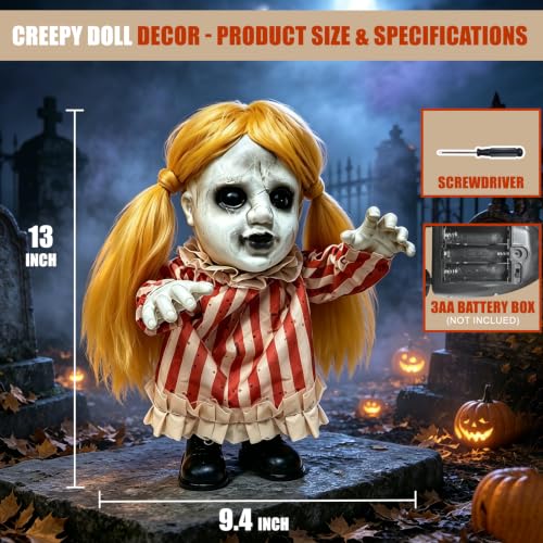 Sound Activated Halloween Girl Doll Animatronic - 13 Inch Spooky Moving Decor