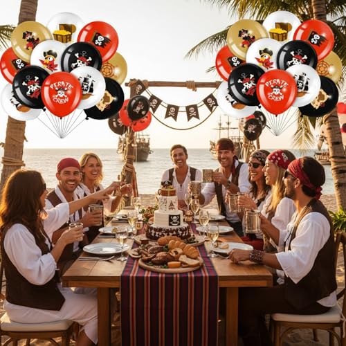 Pirate Party Balloons Set - 45 Latex Decorations with Skull Ship & Treasure Map Prints