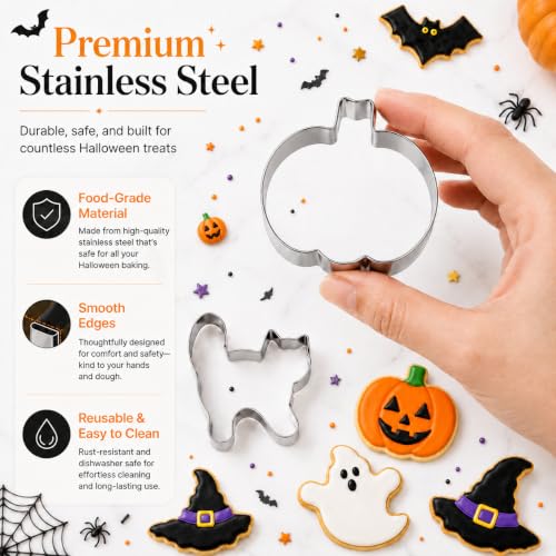 Halloween Cookie Cutter Set - 5 Shapes Pumpkin Bat Ghost Witches Hat - Stainless Steel