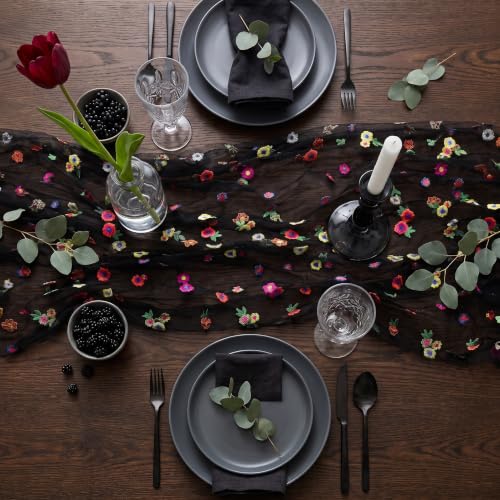 Black Embroidered Floral Daisy Tulle Table Runner 10FT 3 Pack - Halloween Decor