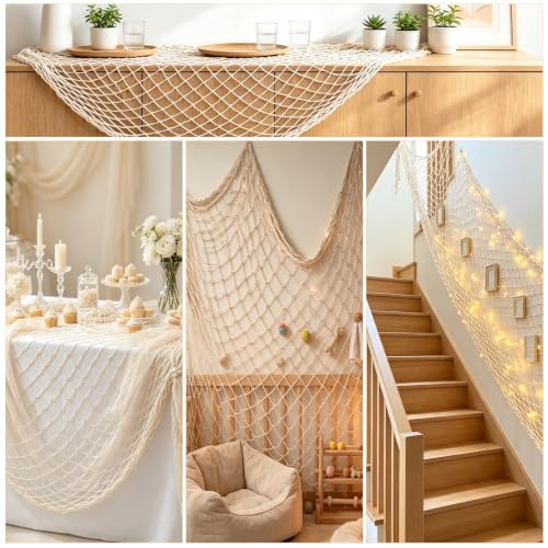 Beach Ocean-Themed Decorative Fish Net 80x40 Inch for Party & Home Decor - Beige 2PCS