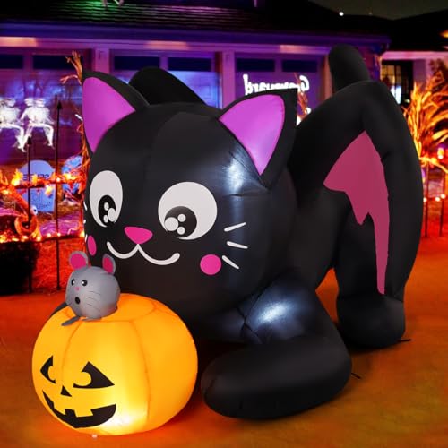 5 Ft Halloween Inflatable Cat with Pumpkin Outdoor Decor, LED Lights