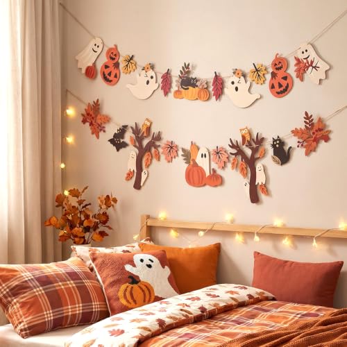 Halloween Fall Decorations - 2PCS Ghost & Pumpkin Banner Set Black Silver Gold Variation