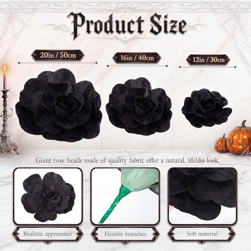 Giant Black Artificial Roses Set of 3 - Velvet Halloween Gothic Decor, 12-20 Inch Variation of Velvet Rose / Black