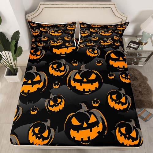 King Size Halloween Pumpkin Bed Sheets Set - Spooky Orange & Black Bedding