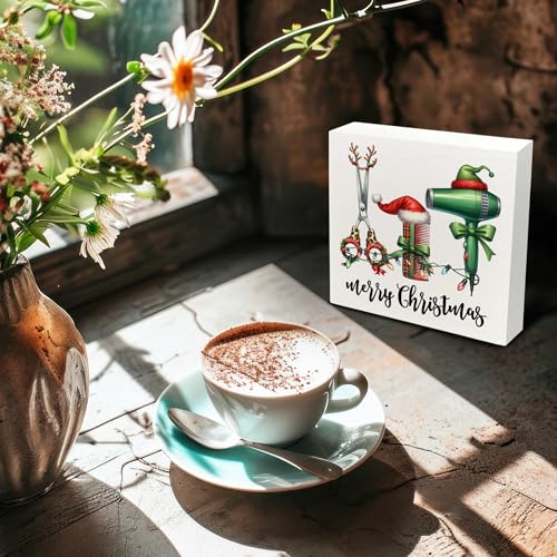 Christmas Salon Hair Wooden Sign - Barber Shop Decor, Gift, 5x5 Inch - Holiday Home Office Shelf Decoration