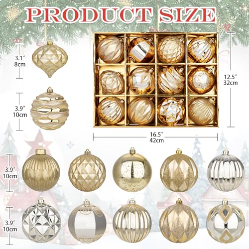 Christmas Ball Ornaments Set - 12 Shatterproof Plastic Decorations, Champagne, 100mm