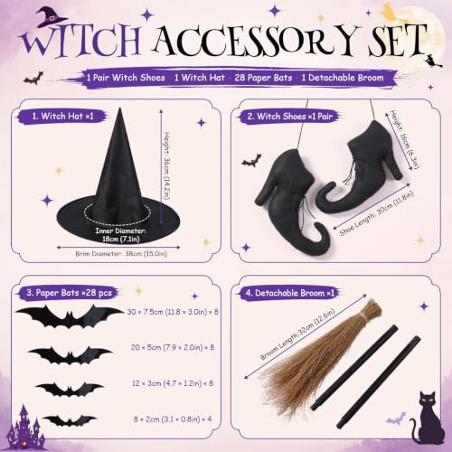 Halloween Witch Decorations Set - 31-Piece Gothic Witch Boots, Hat, Broom & Bats